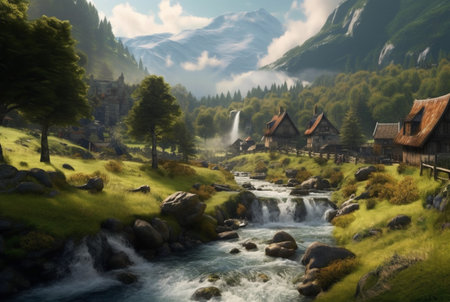 a small village with a beautiful waterfall. generative aiの素材