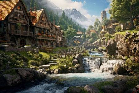 a small village with a beautiful waterfall. generative aiの素材