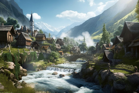 a small village with a beautiful waterfall. generative aiの素材