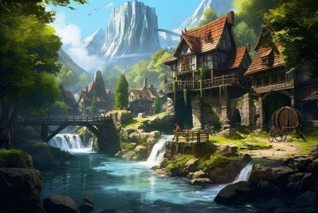 a small village with a beautiful waterfall. generative aiの素材