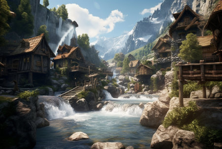 a small village with a beautiful waterfall. generative aiの素材