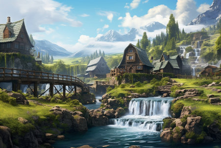 a small village with a beautiful waterfall. generative aiの素材