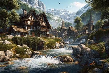 a small village with a beautiful waterfall. generative aiの素材