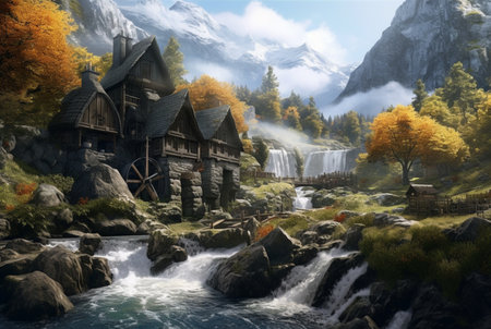 a small village with a beautiful waterfall. generative aiの素材