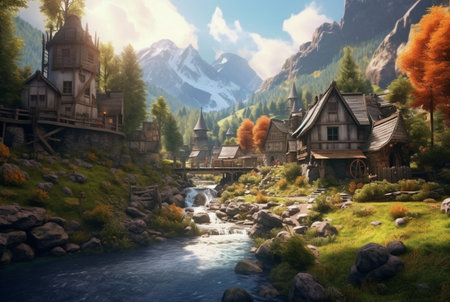 a small village with a beautiful waterfall. generative aiの素材
