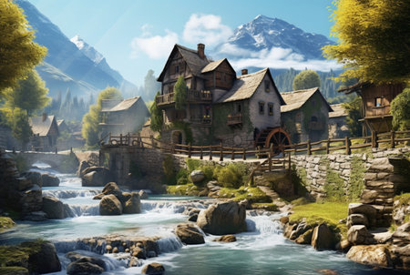 a small village with a beautiful waterfall. generative aiの素材
