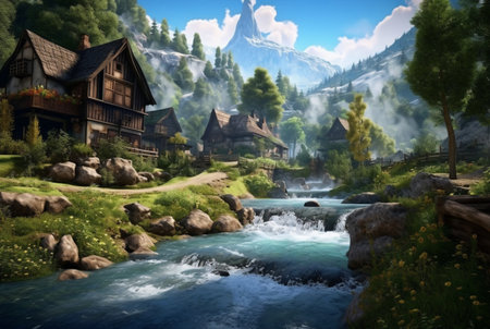 a small village with a beautiful waterfall. generative aiの素材