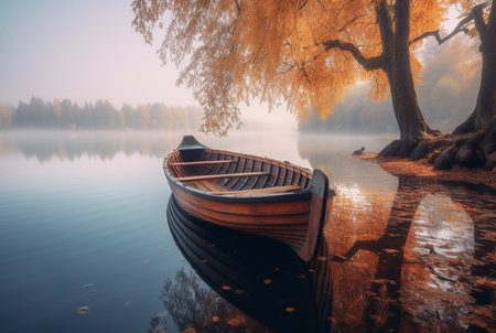 wooden boat under trees on lake, longexposure. generative aiの素材