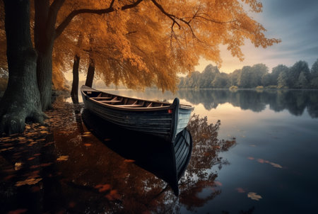 wooden boat under trees on lake, longexposure. generative aiの素材