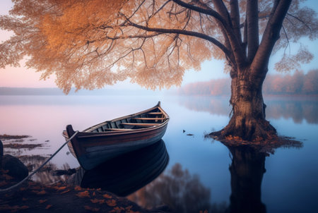wooden boat under trees on lake, longexposure. generative aiの素材
