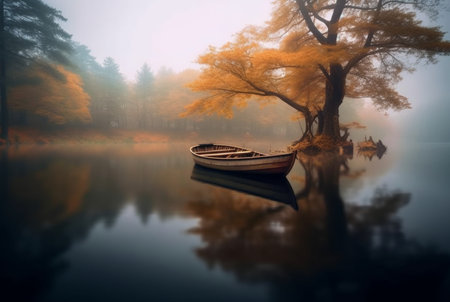 wooden boat under trees on lake, longexposure. generative aiの素材