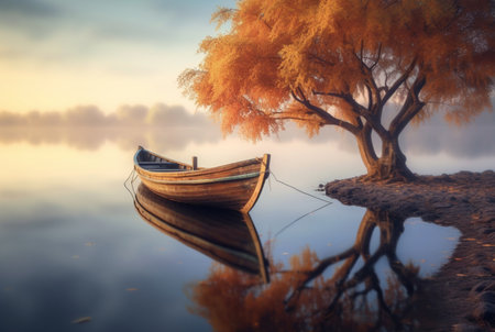wooden boat under trees on lake, longexposure. generative aiの素材