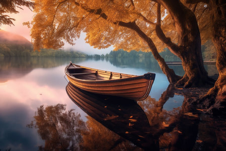 wooden boat under trees on lake, longexposure. generative aiの素材