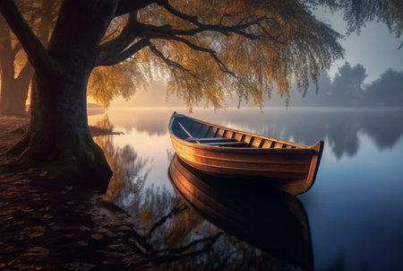 wooden boat under trees on lake, longexposure. generative aiの素材