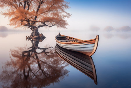 wooden boat under trees on lake, longexposure. generative aiの素材