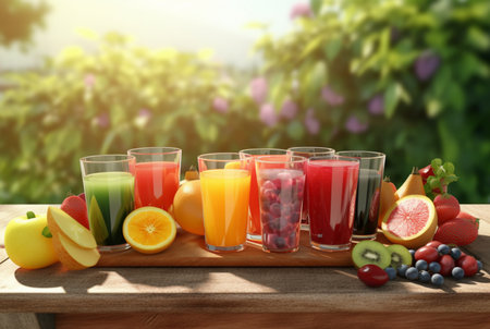 assorted fruit juices on wooden table with garden blur background. generative aiの素材