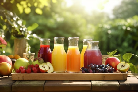 assorted fruit juices on wooden table with garden blur background. generative aiの素材