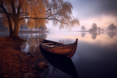 wooden boat under trees on lake, longexposure. generative aiの素材