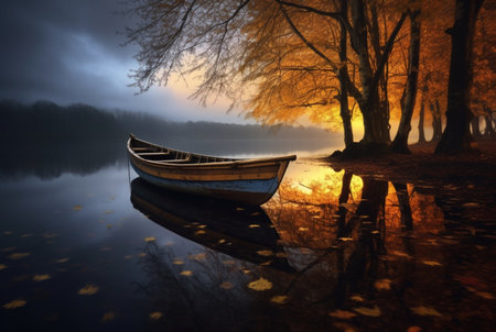 wooden boat under trees on lake, longexposure. generative aiの素材