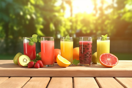 assorted fruit juices on wooden table with garden blur background. generative aiの素材