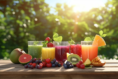 assorted fruit juices on wooden table with garden blur background. generative aiの素材