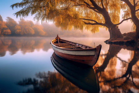 wooden boat under trees on lake, longexposure. generative aiの素材