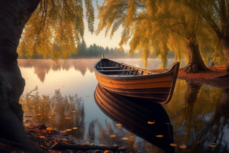 wooden boat under trees on lake, longexposure. generative aiの素材