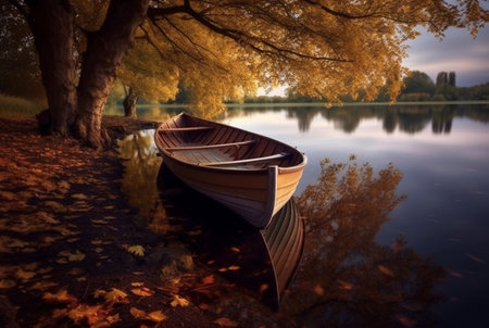 wooden boat under trees on lake, longexposure. generative aiの素材