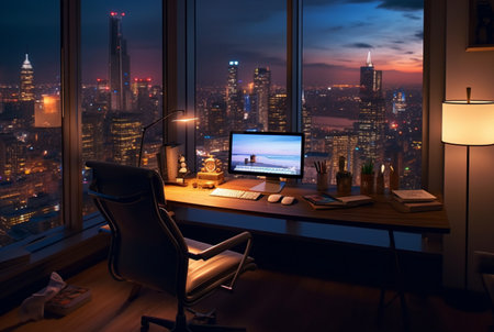 work space with city views at night. generative aiの素材