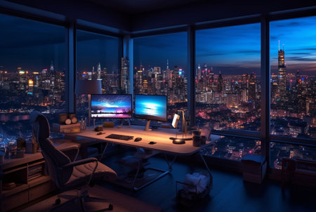 work space with city views at night. generative aiの素材