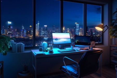 work space with city views at night. generative aiの素材