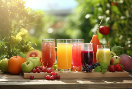 assorted fruit juices on wooden table with garden blur background. generative aiの素材