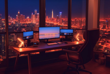 work space with city views at night. generative aiの素材