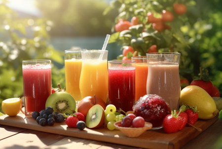 assorted fruit juices on wooden table with garden blur background. generative aiの素材