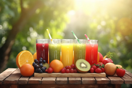 assorted fruit juices on wooden table with garden blur background. generative aiの素材