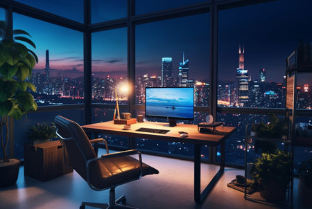 work space with city views at night. generative aiの素材