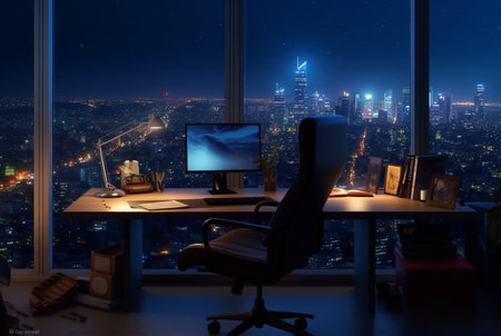 work space with city views at night. generative aiの素材