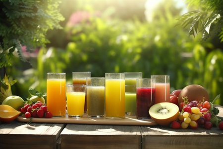 assorted fruit juices on wooden table with garden blur background. generative aiの素材