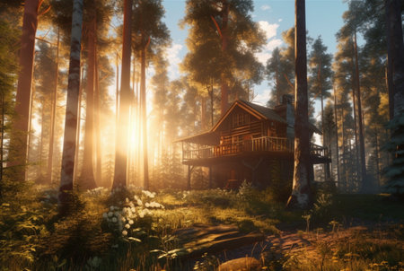 wooden house in the middle of the forest with the beauty of the afternoon sun. generative aiの素材