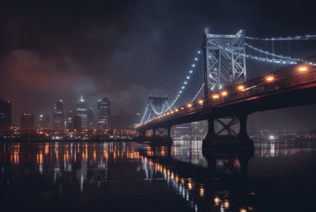 bridge over river in urban area with view of city lights. generative aiの素材