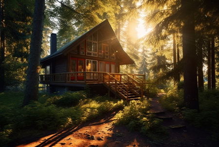wooden house in the middle of the forest with the beauty of the afternoon sun. generative aiの素材