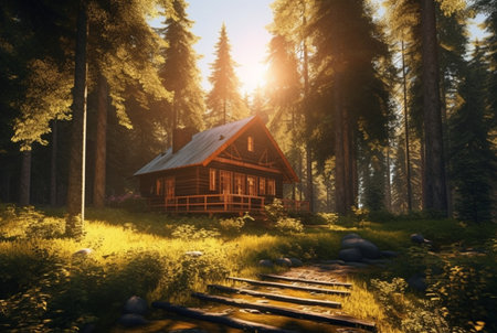 wooden house in the middle of the forest with the beauty of the afternoon sun. generative aiの素材