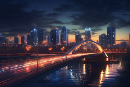 bridge over river in urban area with view of city lights. generative aiの素材
