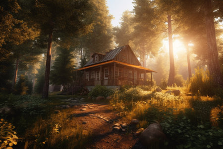 wooden house in the middle of the forest with the beauty of the afternoon sun. generative aiの素材