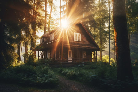 wooden house in the middle of the forest with the beauty of the afternoon sun. generative aiの素材