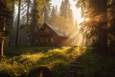 wooden house in the middle of the forest with the beauty of the afternoon sun. generative aiの素材