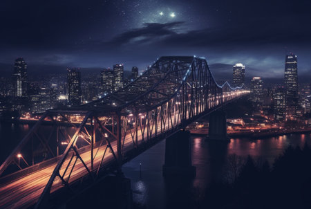 bridge over river in urban area with view of city lights. generative aiの素材
