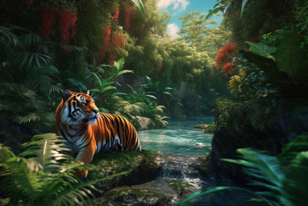 tropical stream and tiger. generative aiの素材