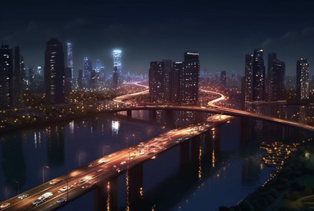 bridge over river in urban area with view of city lights. generative aiの素材