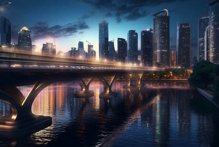 bridge over river in urban area with view of city lights. generative aiの素材